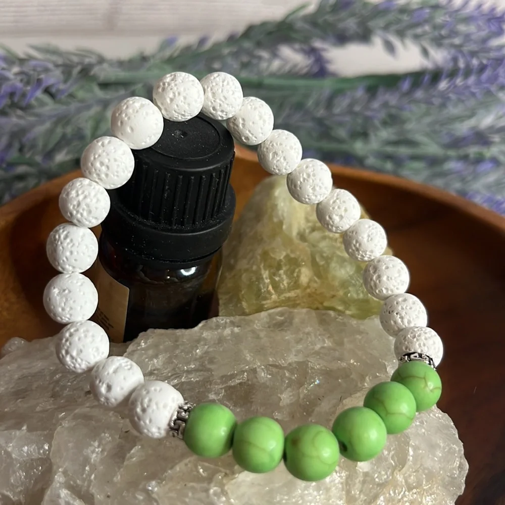 NEW Chakra Green King Stones Essential Oil Diffuser Bracelet White